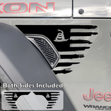 Black torn and tattered gadsden american flag fender vent decal on a jeep wrangler.