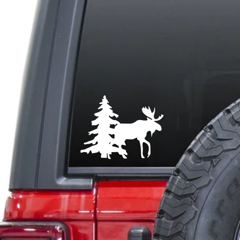 Moose With Trees Waterproof Sticker, Vinyl Decals, Cars, Car Bumpers, Car Windows, Phones, iPhones, Laptops, Tablets, iPads, Water Bottles, Travel, Mugs, Coffee Cups, Yeti Tumblers, Coolers, Lunch Boxes, Helmets, Wine Glasses.