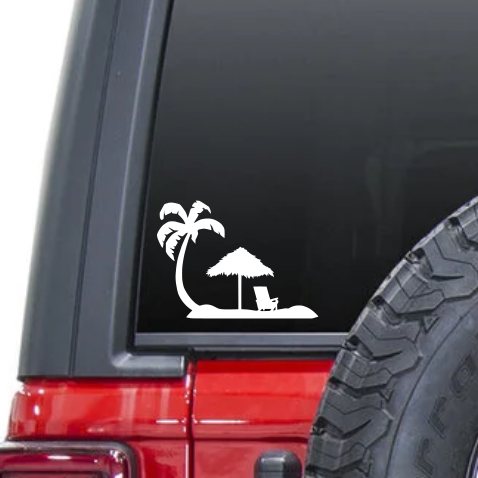 Palm Tree, Umbrella, Chair, Beach  Waterproof Sticker, Vinyl Decals, Cars, Car Bumpers, Car Windows, Phones, iPhones, Laptops, Tablets, iPads, Water Bottles, Travel, Mugs, Coffee Cups, Yeti Tumblers, Coolers, Helmets, Wine Glasses, Pint Glasses.