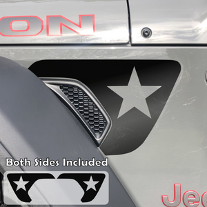 Black vinyl decal sticker the shape of the side fender vent with a star cut out in the middle, on a Jeep Wrangler or Gladiator.