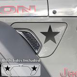 Black star decal sticker and outline around the side fender vent area installed on a Jeep Wrangler or Gladiator.