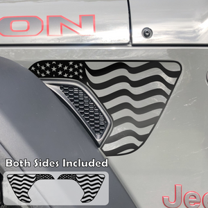 Black waving American flag decal sticker filling in the side fender vent area on a jeep wrangler.